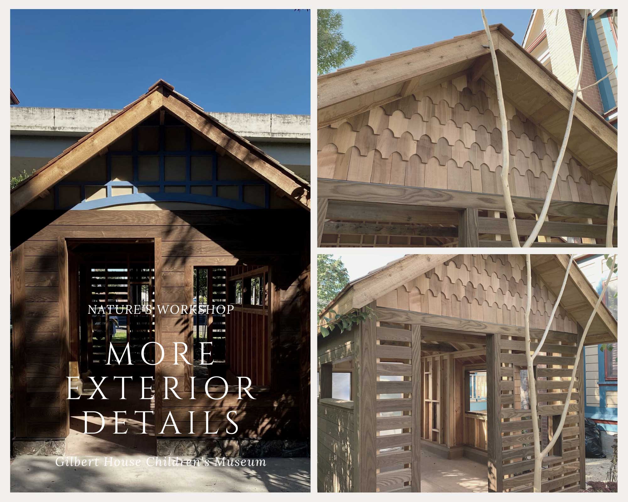 Wooden playhouse exterior details at Gilbert House Children's Museum, showcasing craftsmanship and design elements.