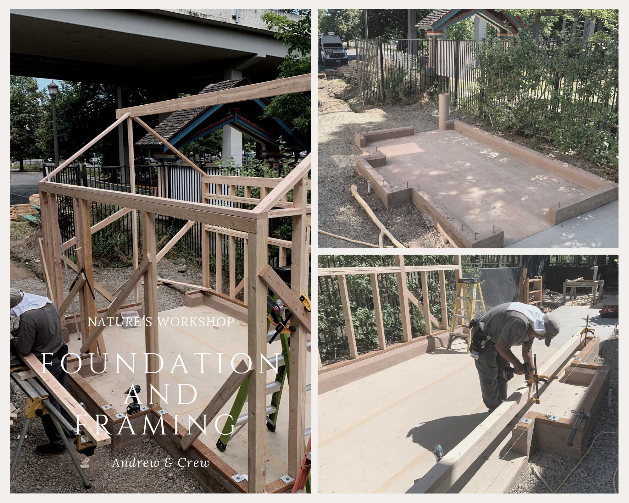 Wooden foundation and framing for outdoor workshop by Andrew & Crew in a nature setting