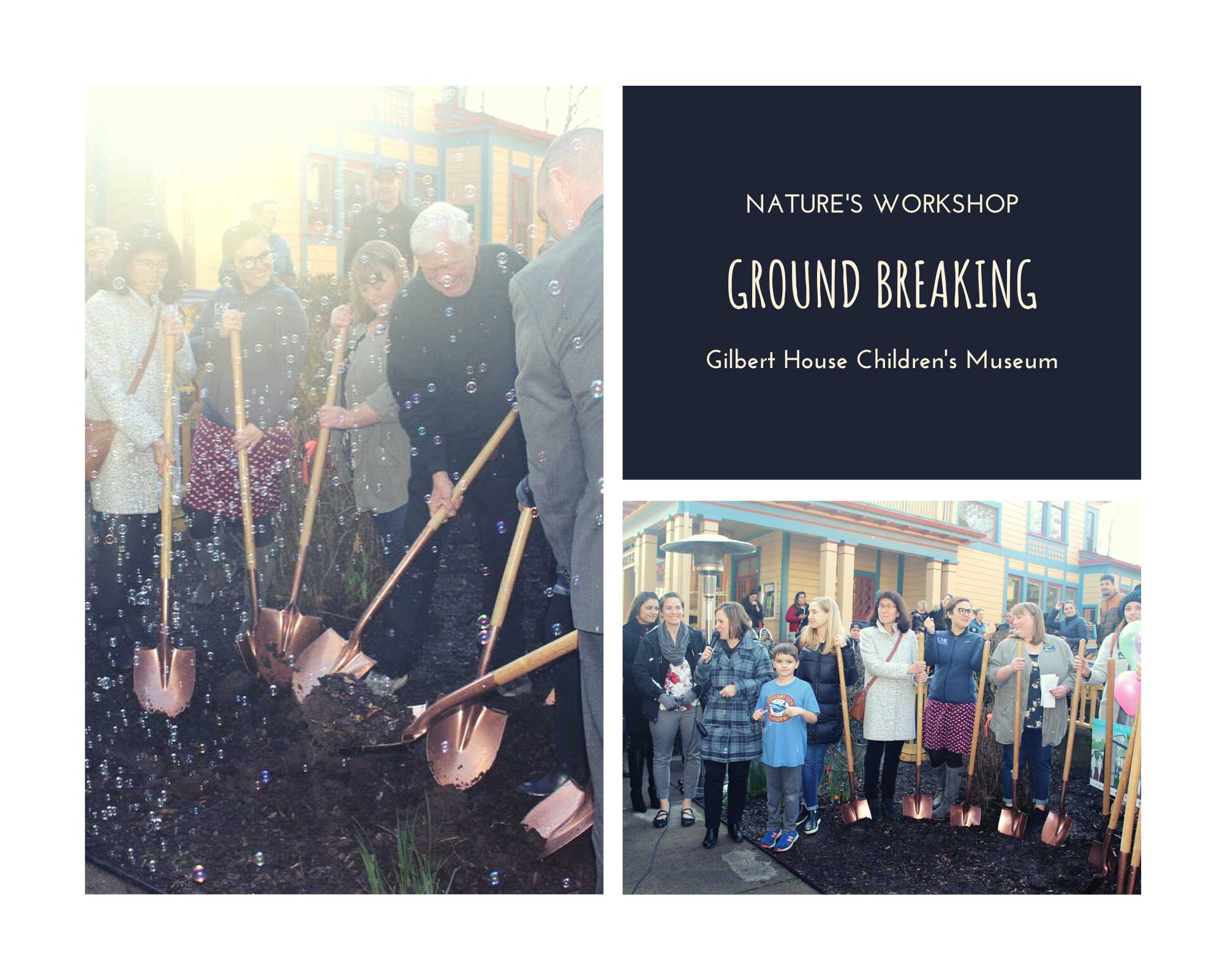 Groundbreaking event at Gilbert House Children's Museum with attendees holding shovels, surrounded by bubbles.