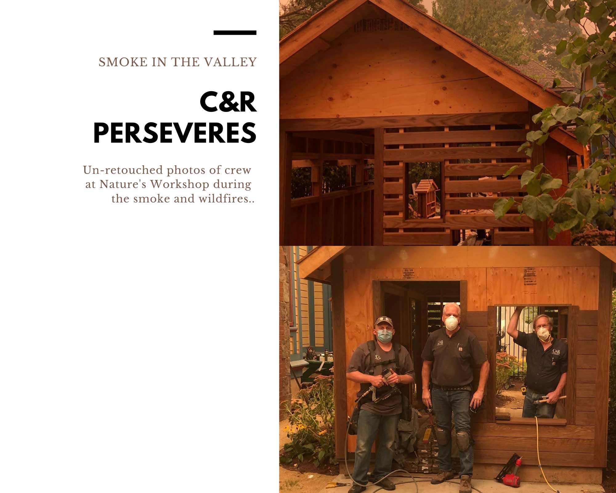 Team working at construction site amidst wildfires, displaying resilience and perseverance during smoky conditions.
