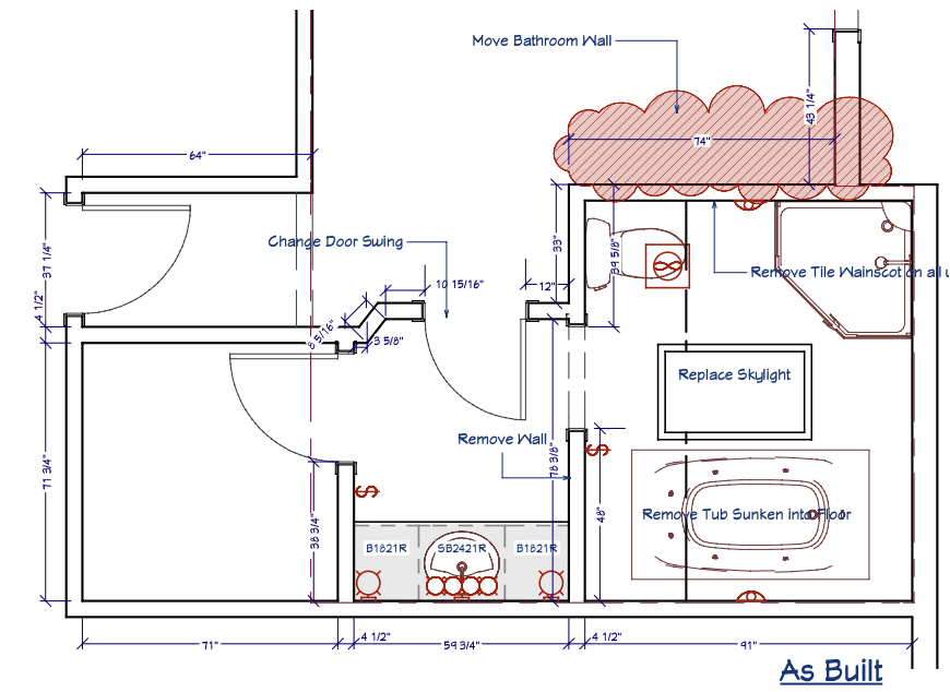 Bathroom renovation floor plan showing layout changes and dimensions, including door swing and wall removals.