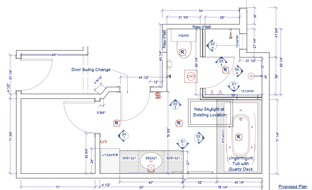 Floor plan showing new skylight, quartz deck bathtub, and door swing changes with precise dimensions.