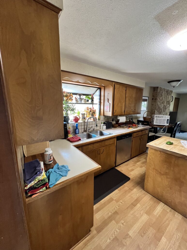 Vintage kitchen with wooden cabinets, dual sink, and a dishwasher, featuring plants and colorful towels on the counter.