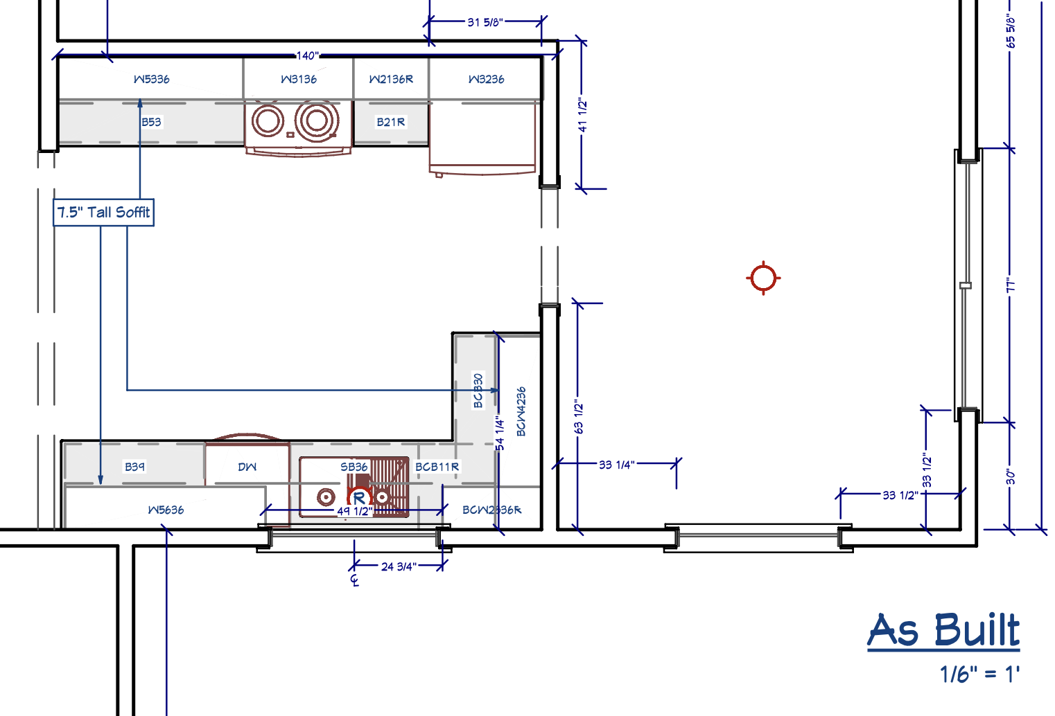 Blueprint of a kitchen layout with measurements and appliance placements highlighted.