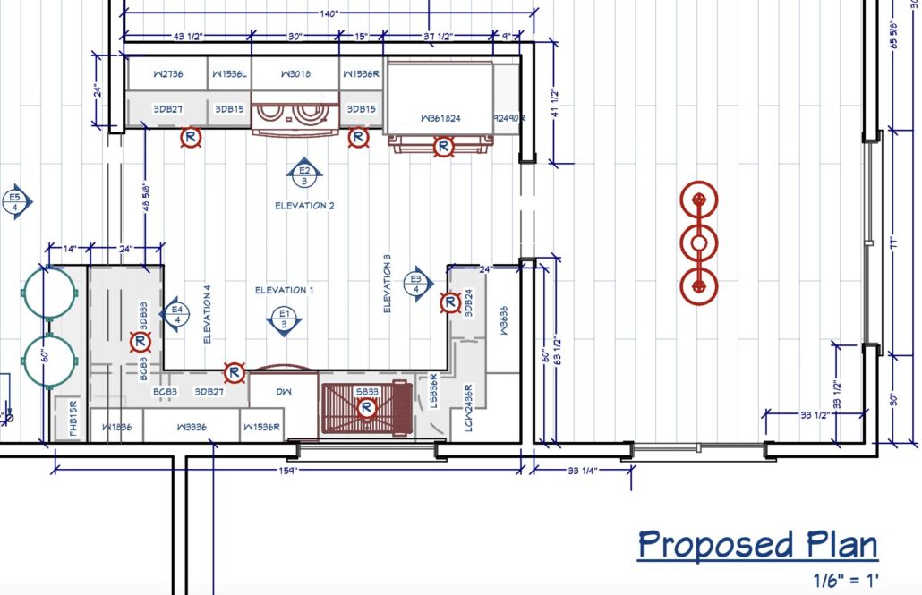 Architectural floor plan blueprint with measurements and elevations, titled Proposed Plan, scale 1/6 = 1'.