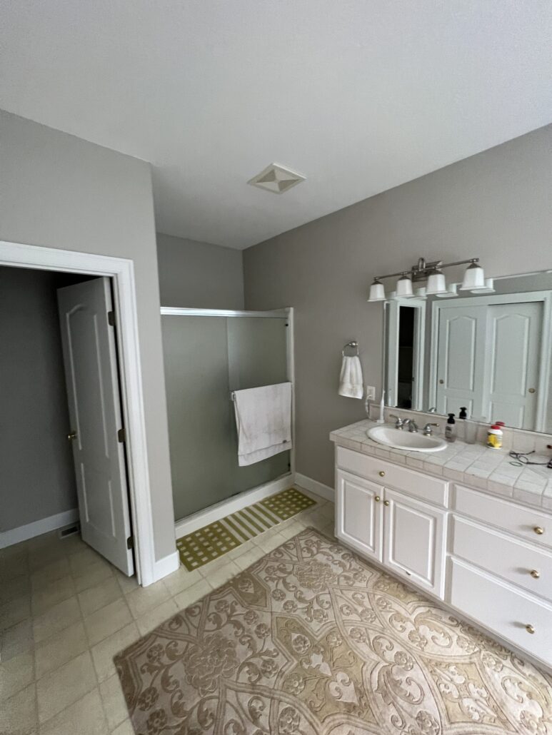 Spacious bathroom with glass shower, elegant vanity, and patterned rug. Ideal for a cozy and functional space.