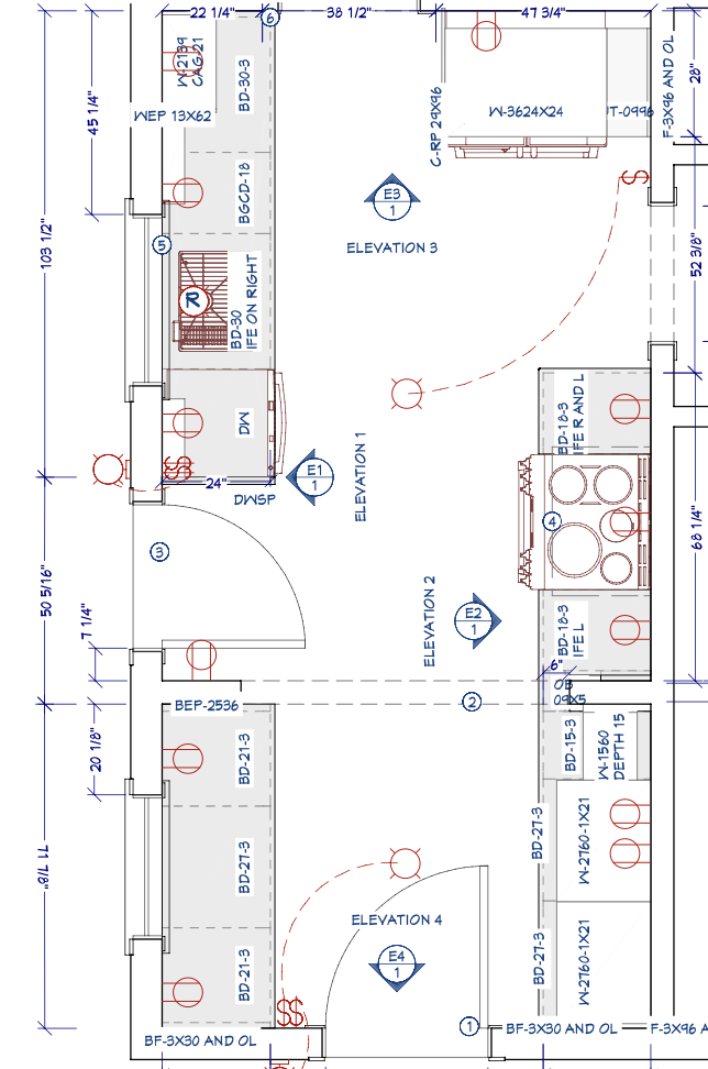 Architectural kitchen floor plan with detailed measurements and appliance placement for design layout.