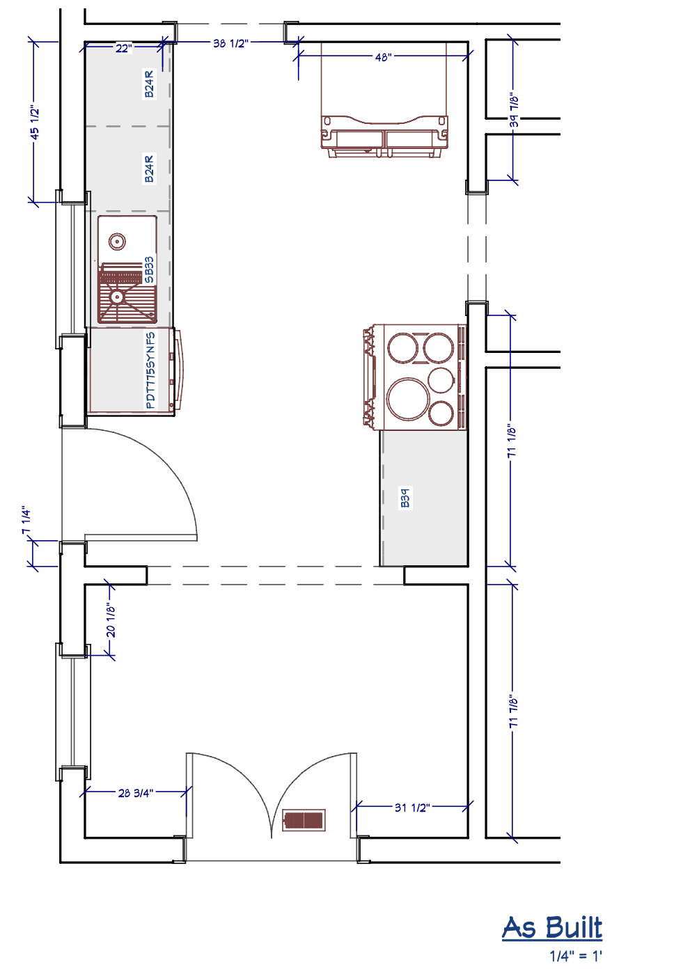 Floor plan of a kitchen design layout with measurements, showing appliances and cabinetry placements in detail.